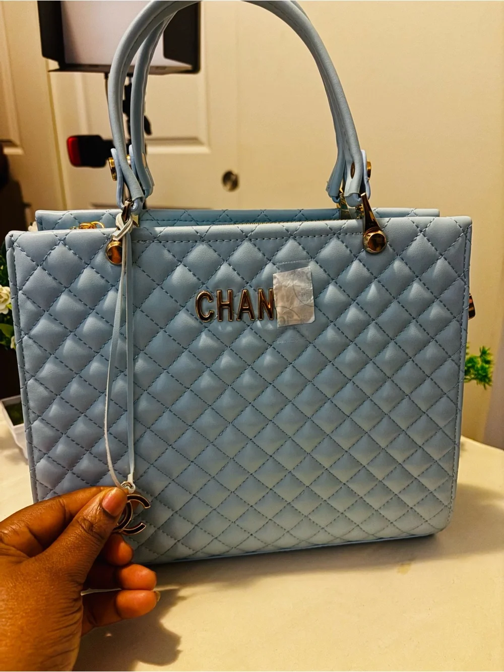 Source Unknown Quilted Light Blue Top-Handle Tote